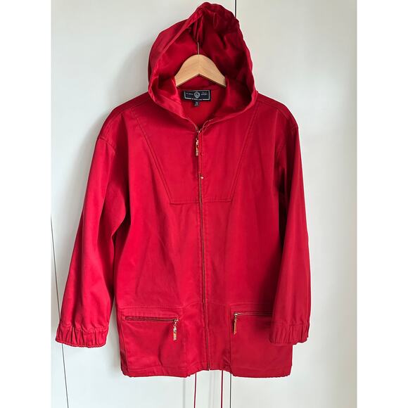 St John Sport Red Hooded Jacket Size M Zip Front Nautical Coastal Preppy Style - Picture 3 of 10
